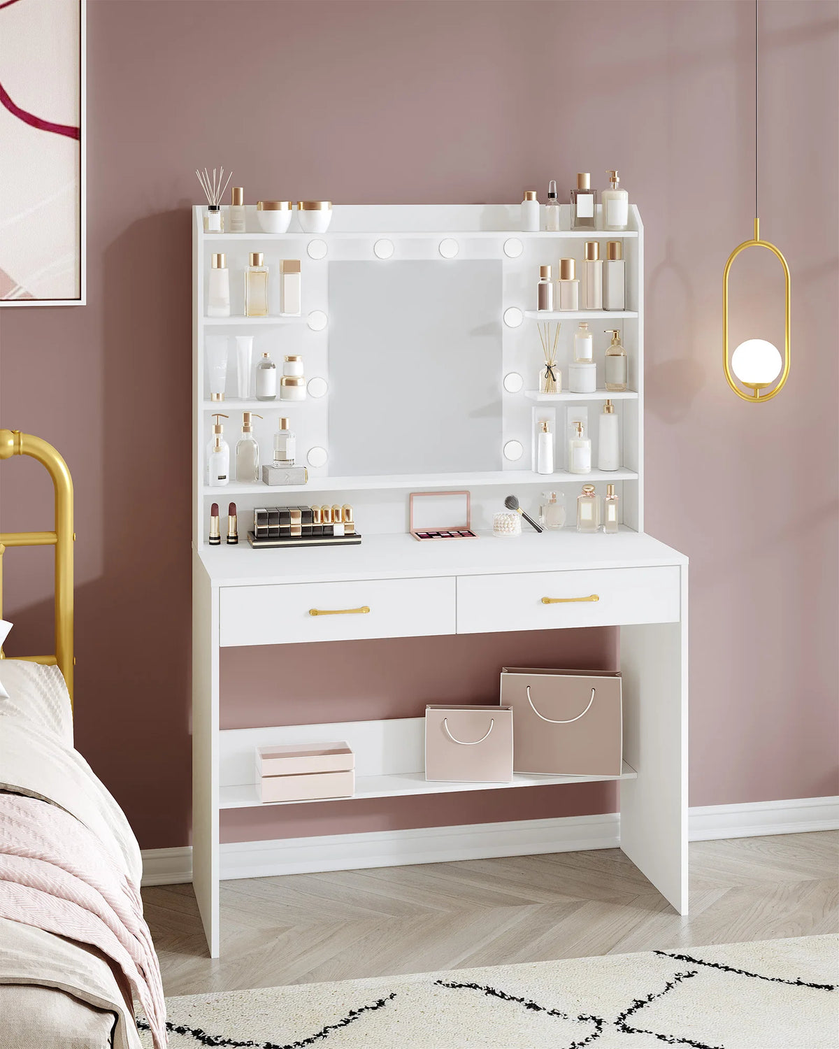 Coiffeuse Blanche avec Miroir Lumineux et 2 Tiroirs - Lola
