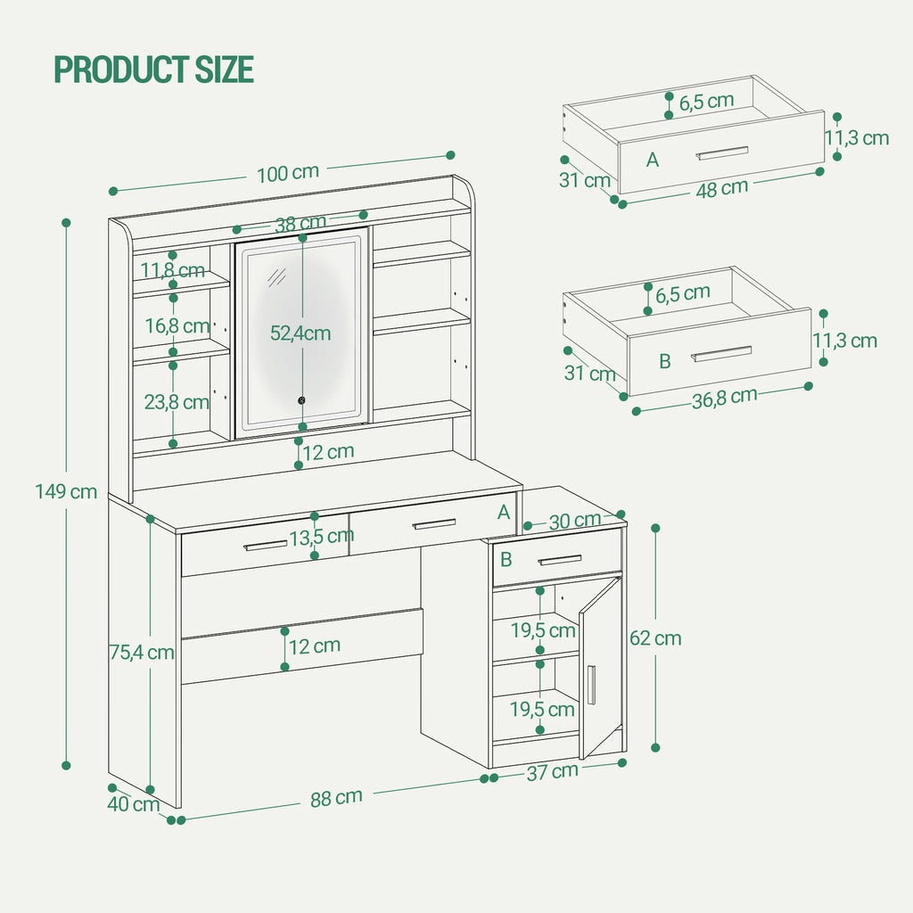Coiffeuse 100 cm avec Miroir, 3 Tiroirs et Armoire - Louise – vue 6