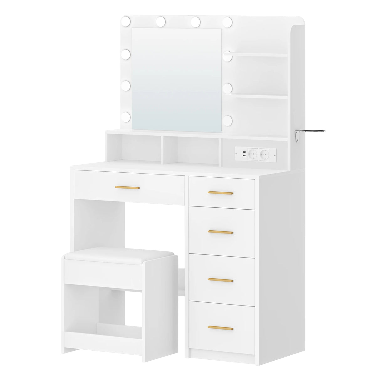Coiffeuse avec Tabouret, Miroir LED et Prise Électrique - Camille