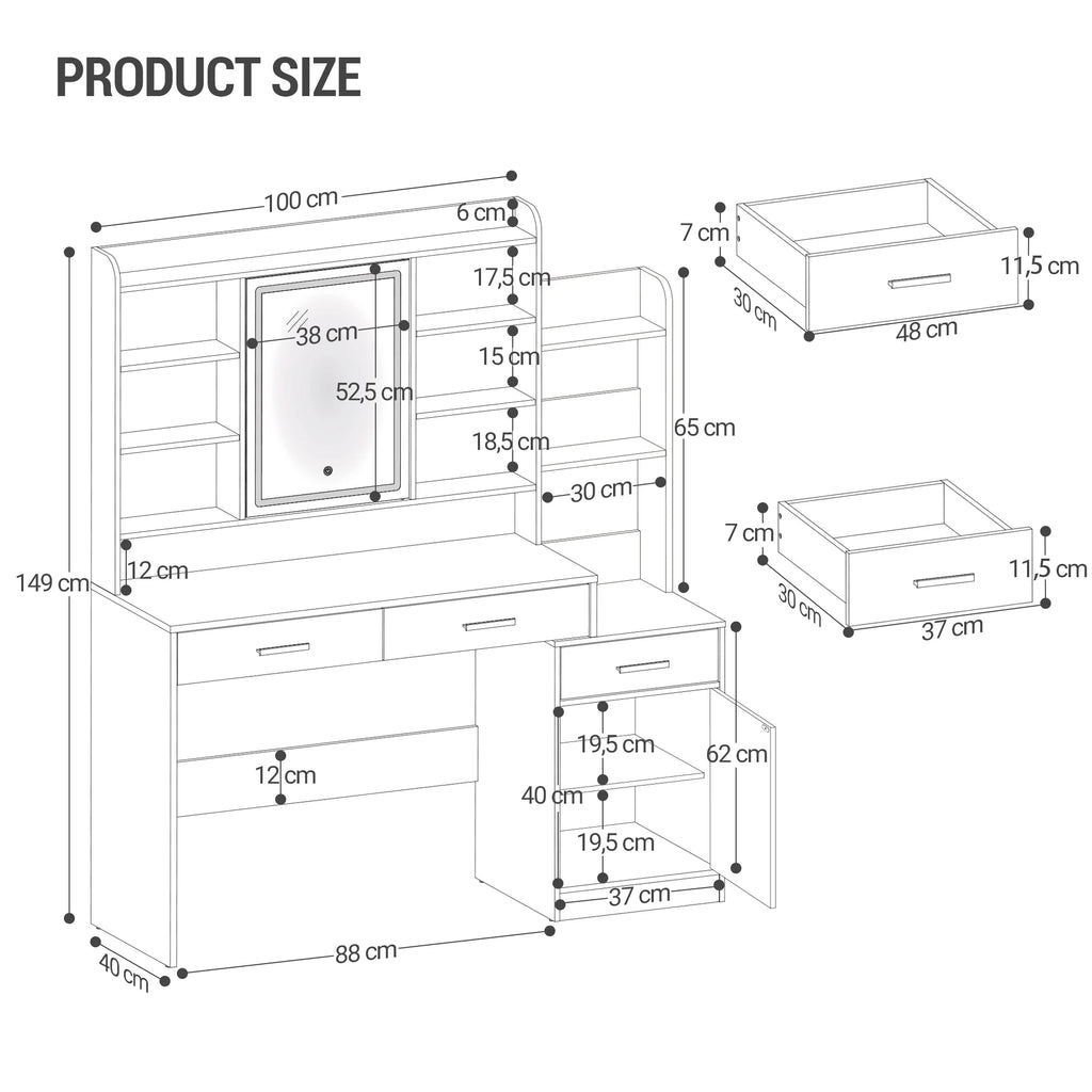 Coiffeuse 100 cm avec Miroir LED et Armoire - Julie – vue 6