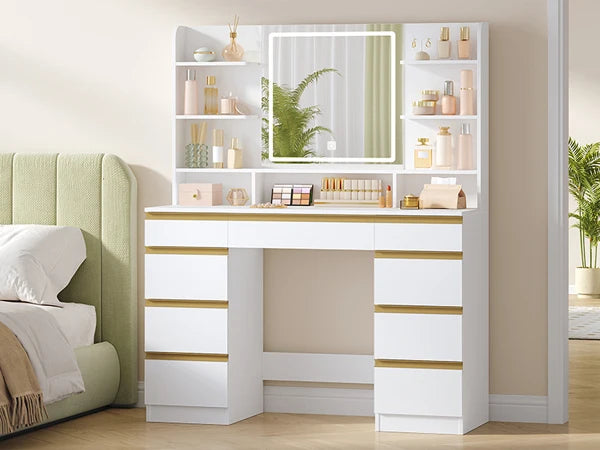 Coiffeuse avec Miroir Intégré, 9 Tiroirs et 9 Niches - Mia