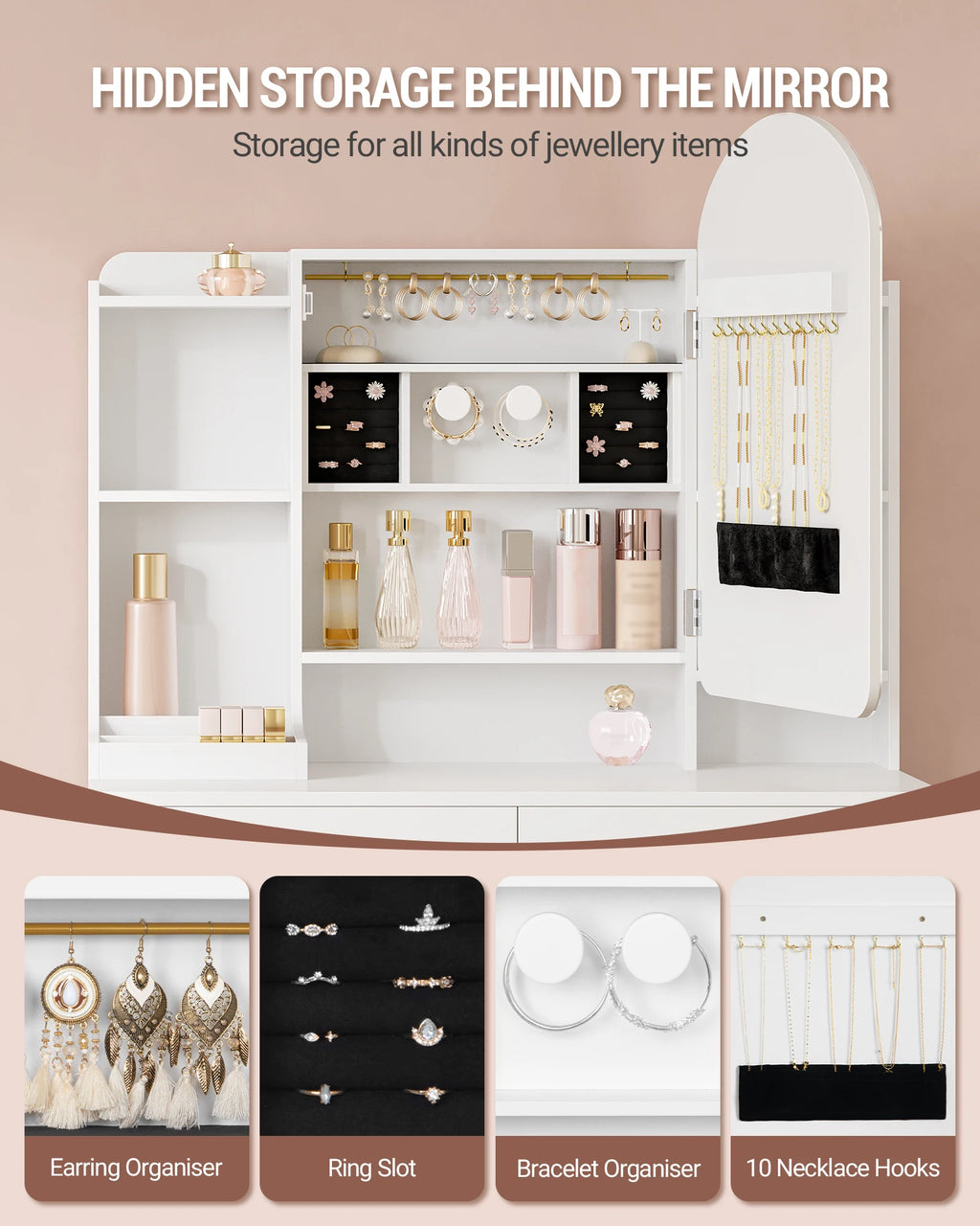 Coiffeuse avec Miroir Rond LED et Bijoux Cachés - Sofia – vue 3