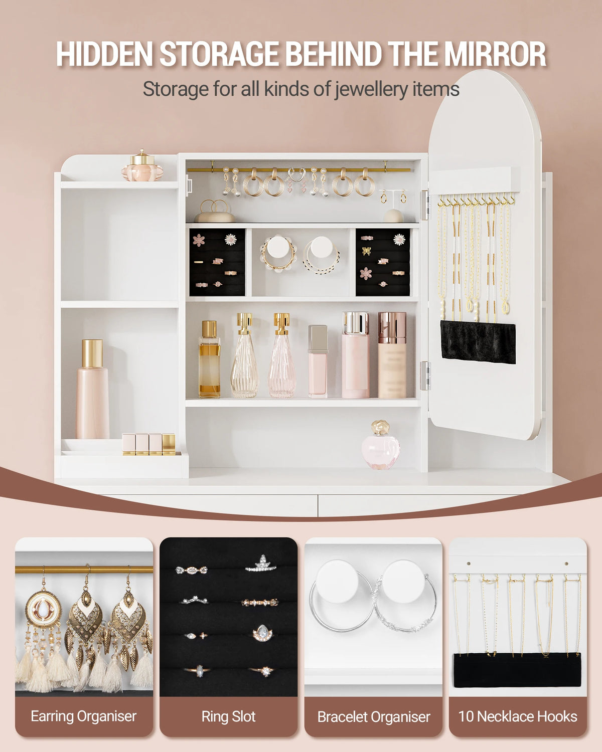 Coiffeuse avec Miroir Rond LED et Bijoux Cachés - Sofia – vue 3